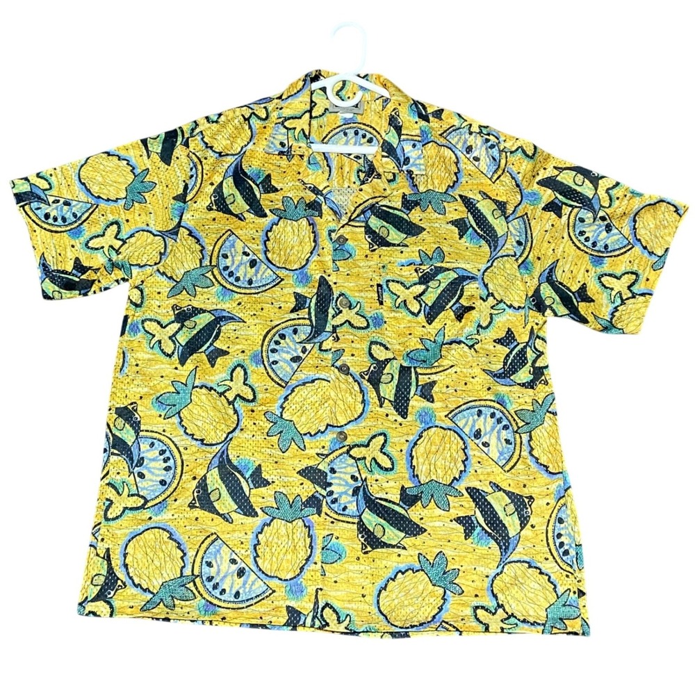 UZZI Amphibious Gear Mens XL Yellow Tropical Short Sleeve‎ Button Up Shirt READ